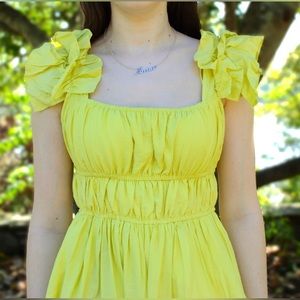 Mustard Seed Yellow Ruffle Cap Sleeve Ruched Midi Dress NEW